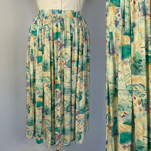 Vintage Midi Skirt Size Large Cream Blue Abstract Art Pleated Boho Retro 90s